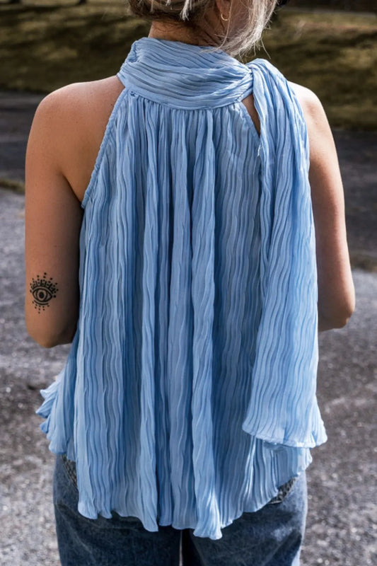 Textured Pleated Tied Mock Neck Flowy Tank Top