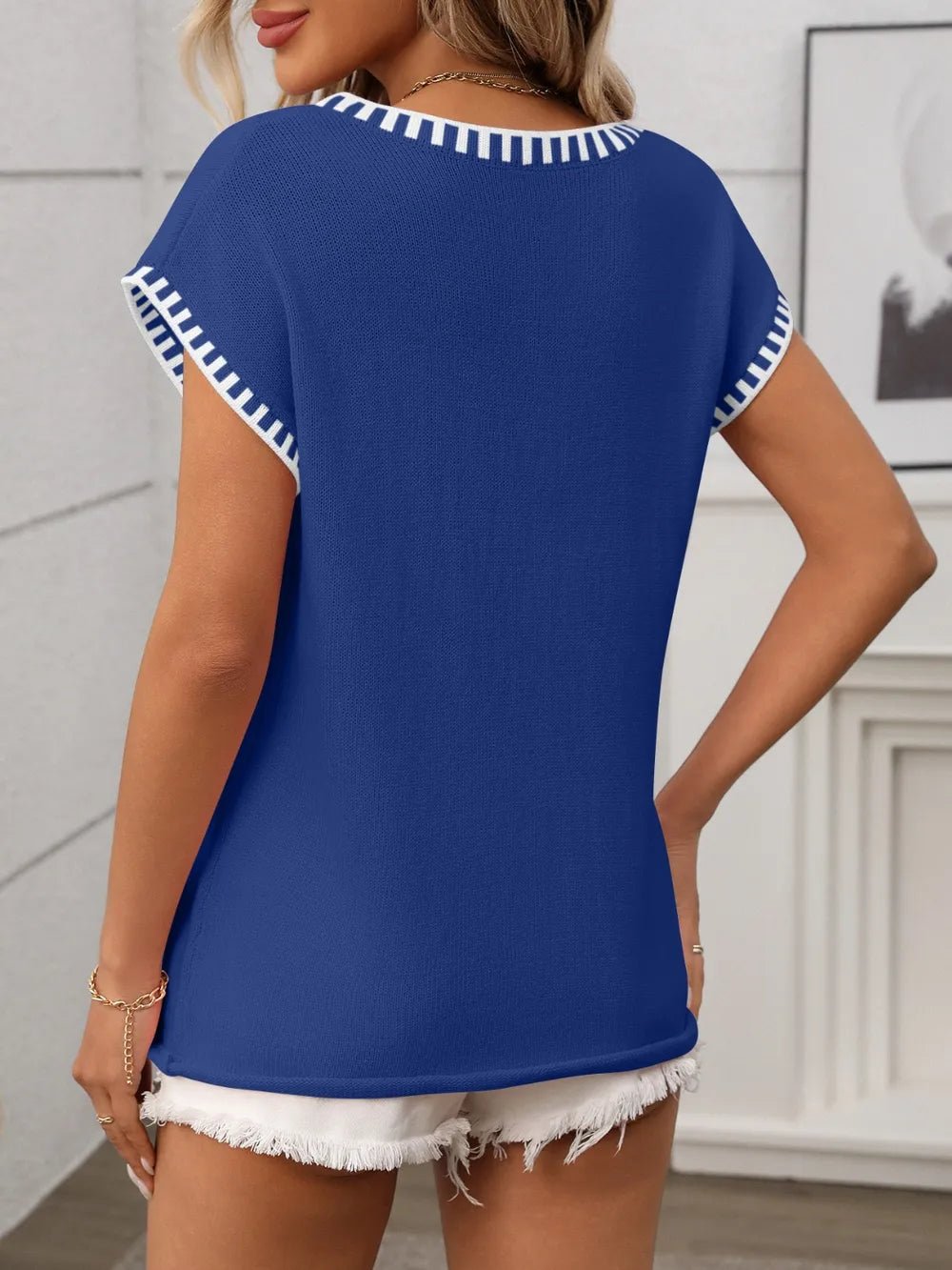 Contrast Trim V - Neck Short Sleeve Knit Top – Royal Blue by Simply Love