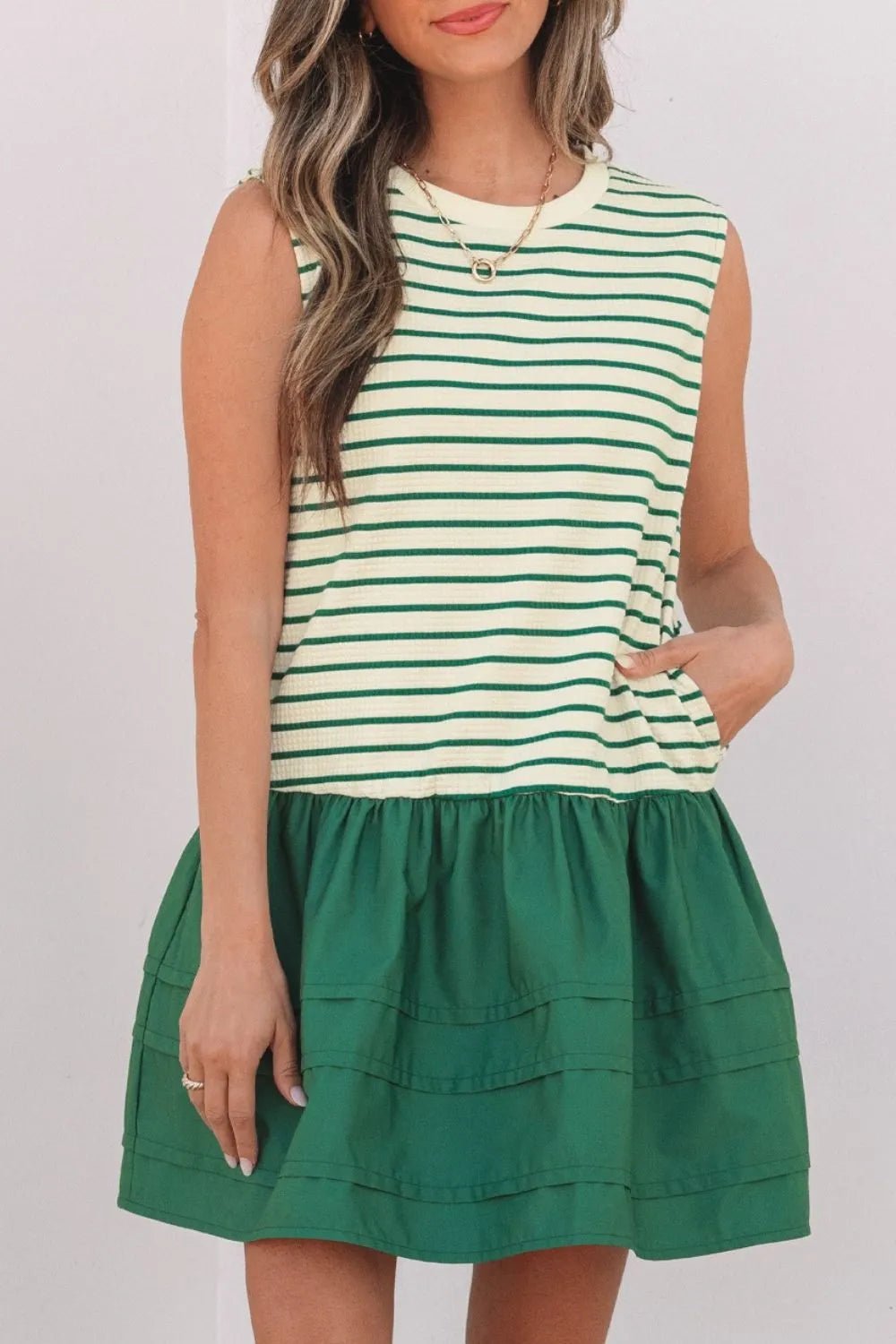 Stripe Woven Sleeveless Mini Dress – Dark Green by Simply Love