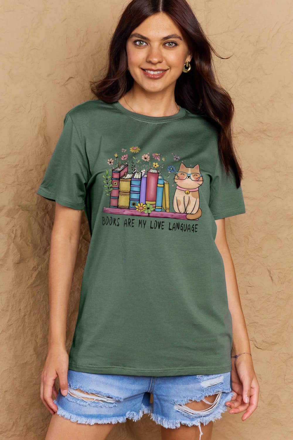 Simply Love Full Size BOOKS ARE MY LOVE LANGUAGE Graphic Cotton Tee – Green by Simply Love