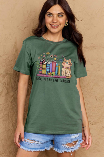 Simply Love Full Size BOOKS ARE MY LOVE LANGUAGE Graphic Cotton Tee – Green by Simply Love