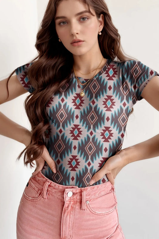 Western Aztec Print Mesh Slim T Shirt