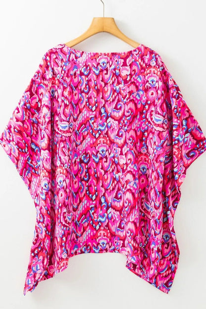 Abstract Print V Neck Half Sleeve Loose Fit Blouse – Fuchsia Pink by Simply Love
