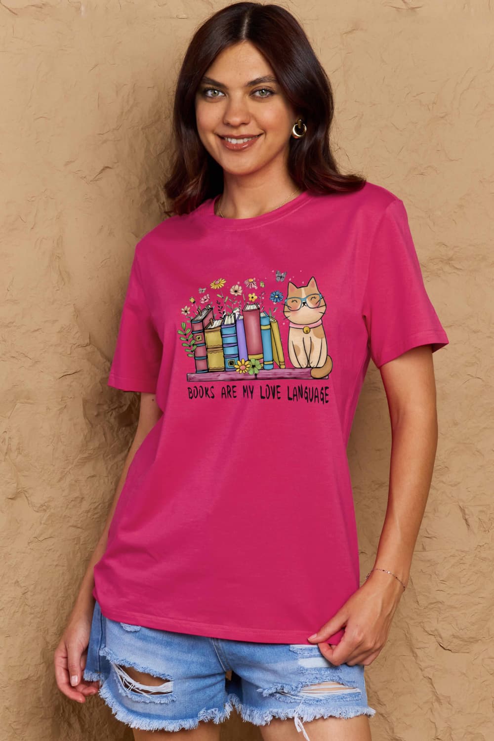 Simply Love Full Size BOOKS ARE MY LOVE LANGUAGE Graphic Cotton Tee – Deep Rose by Simply Love