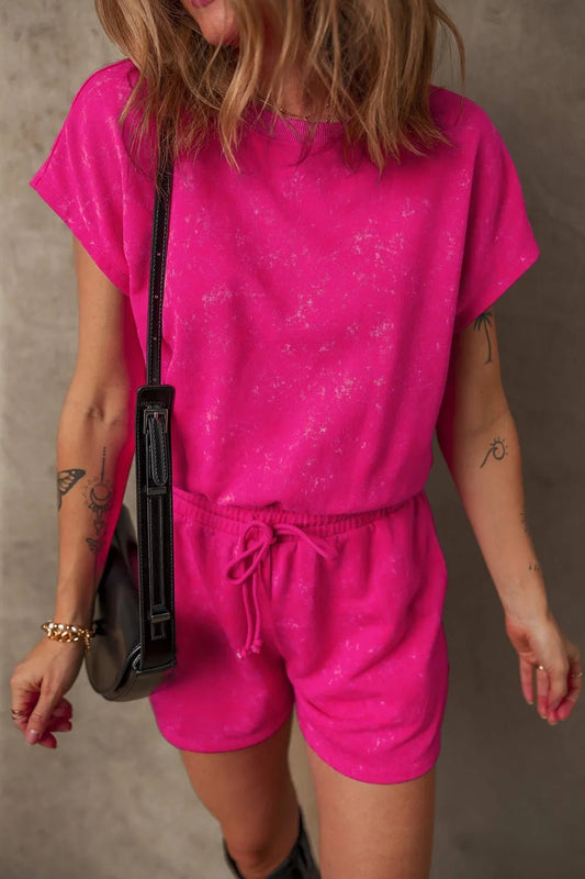 Mineral Wash Hollow Out Back Drawstring Waist Romper – Hot Pink by Simply Love