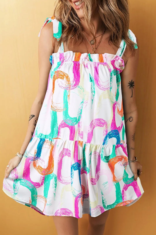 Abstract Print Knotted Straps Ruffled Mini Dress – White by Simply Love