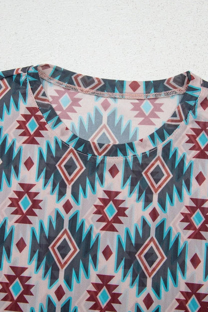 Western Aztec Print Mesh Slim T Shirt – Floral by Simply Love