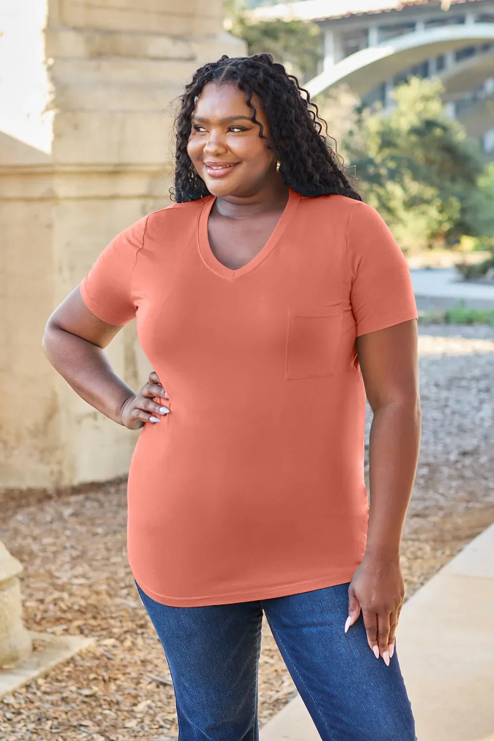 Basic Bae Bamboo Full Size V - Neck Short Sleeve T-Shirt – Watermelon pink by Simply Love
