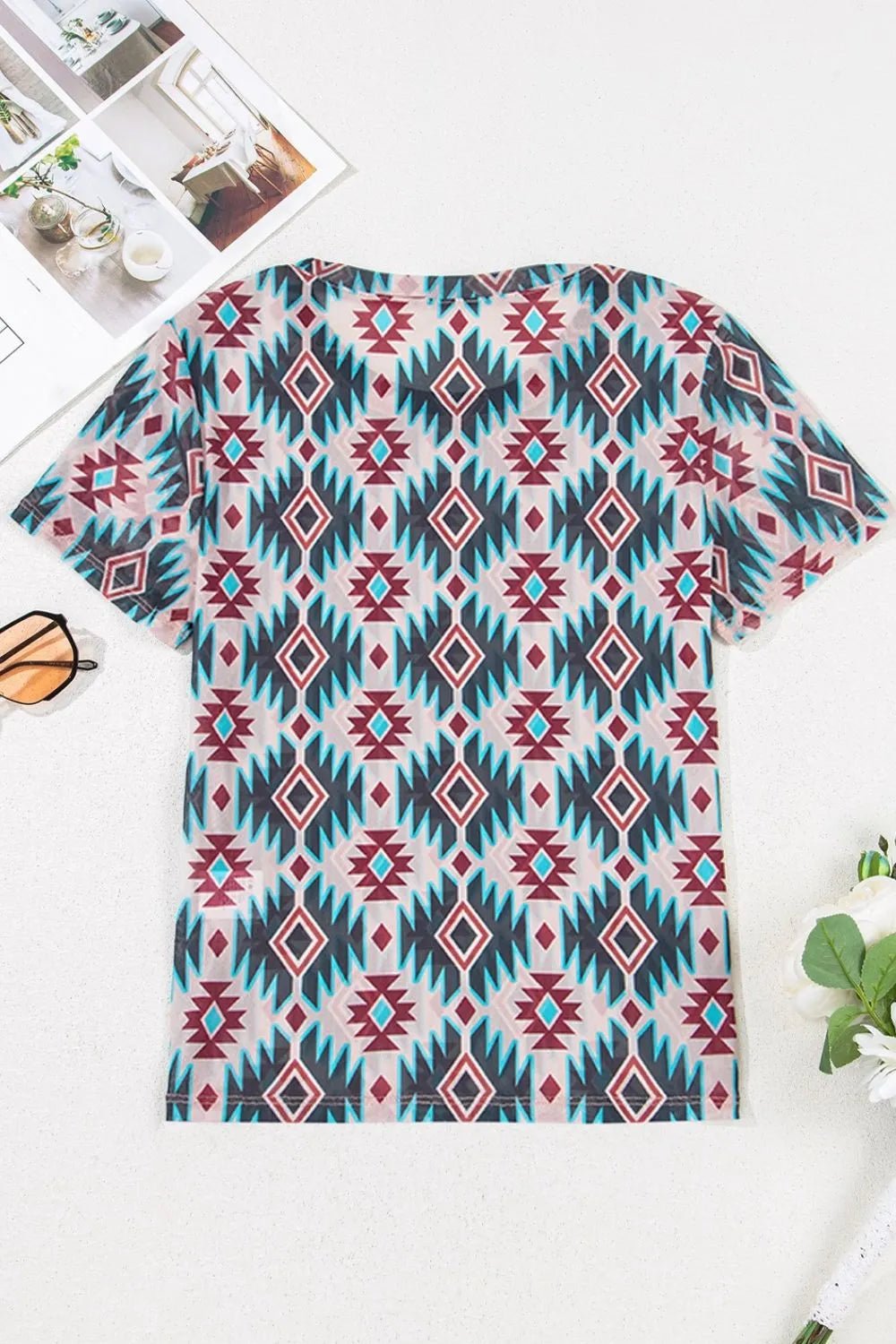 Western Aztec Print Mesh Slim T Shirt – Floral by Simply Love