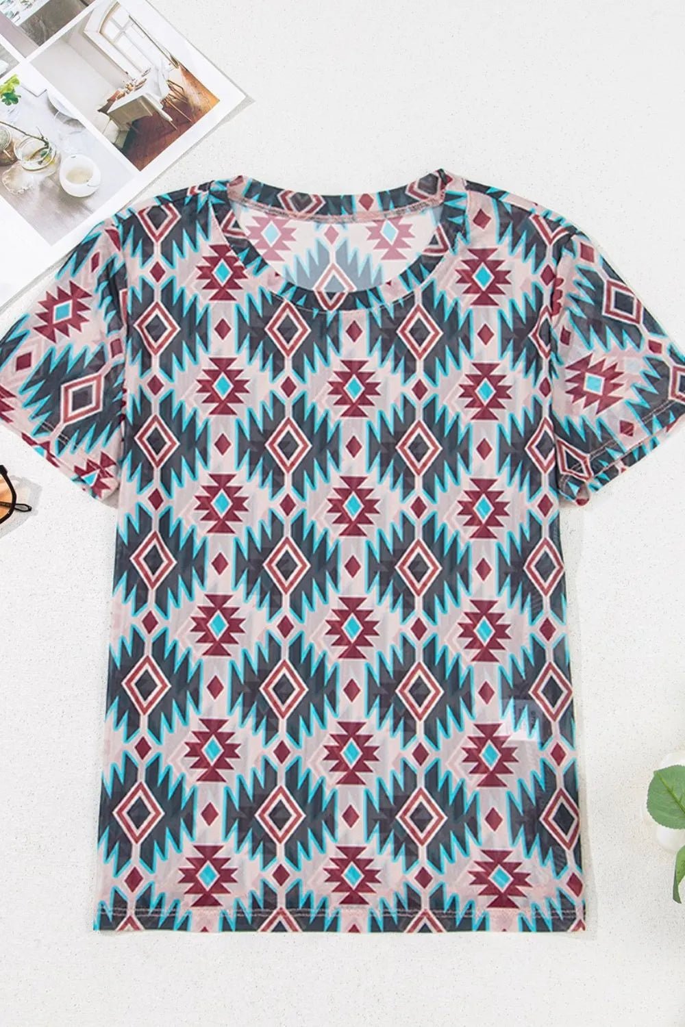 Western Aztec Print Mesh Slim T Shirt – Floral by Simply Love