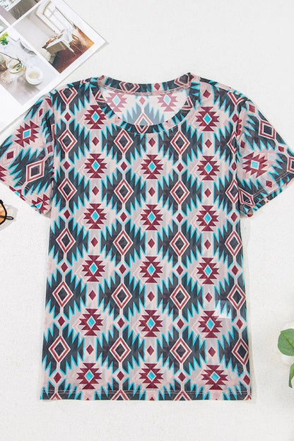 Western Aztec Print Mesh Slim T Shirt – Floral by Simply Love