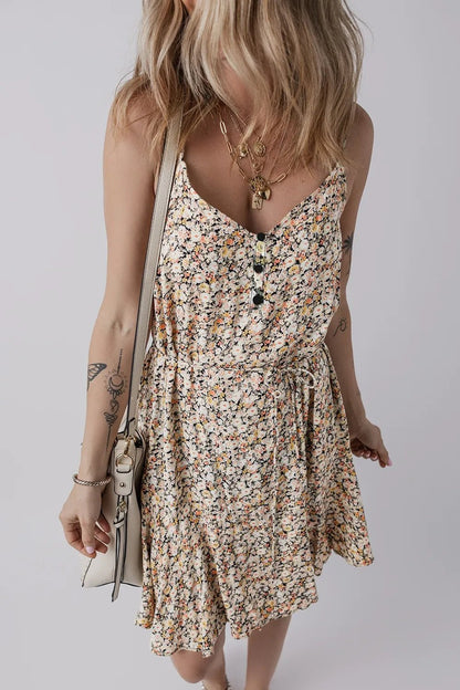 Boho Floral Printed Tie Waist Flared Sundress