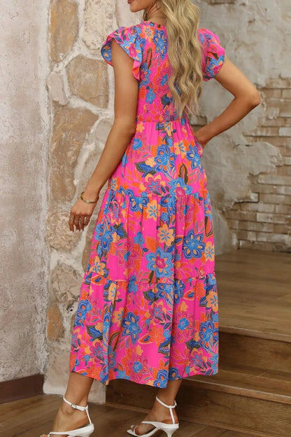 Boho Floral V Neck Ruffle Tiered Dress – Hot Pink by Simply Love