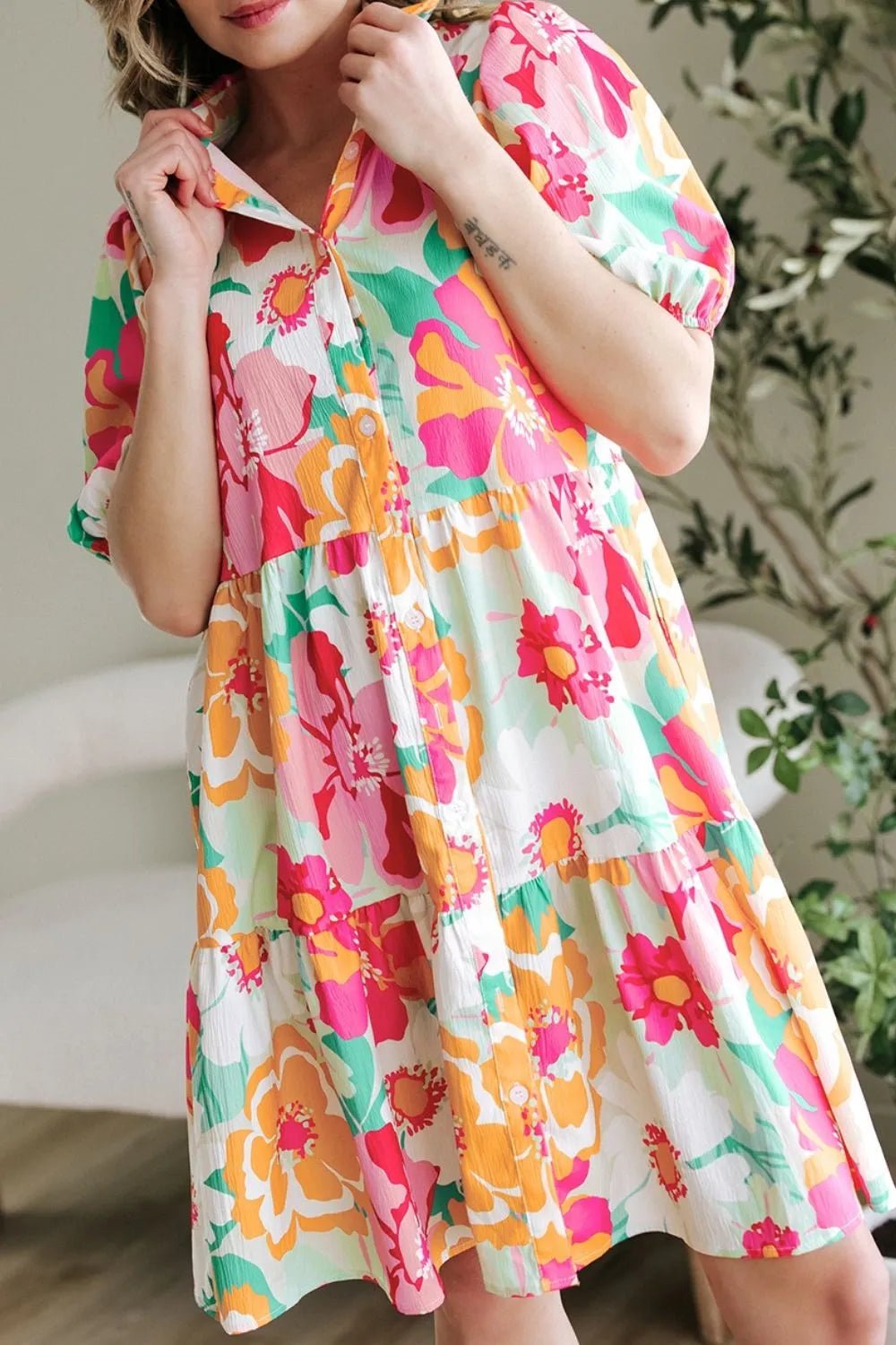 Button Down Floral Puff Sleeve Babydoll Dress – Strawberry by Simply Love
