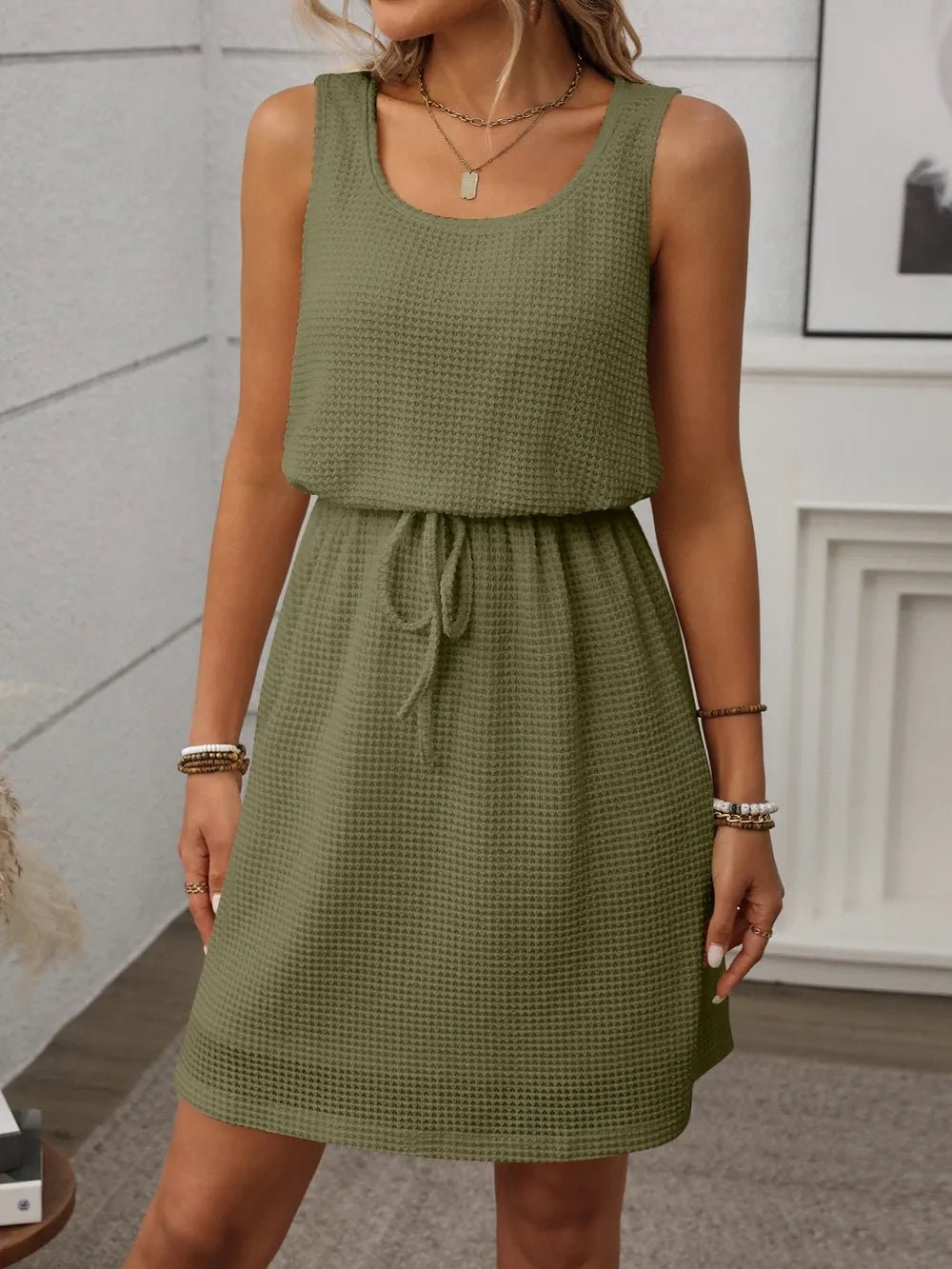 Waffle - Knit Drawstring Mini Tank Dress – Moss by Simply Love