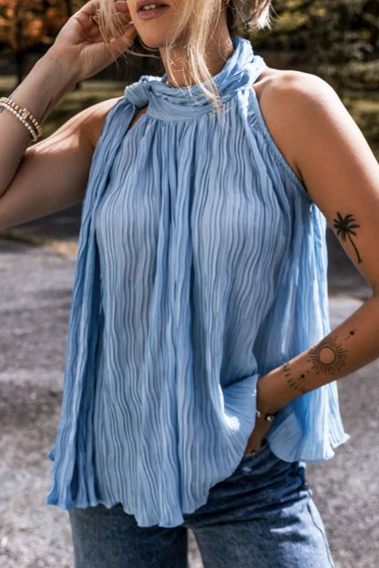 Textured Pleated Tied Mock Neck Flowy Tank Top