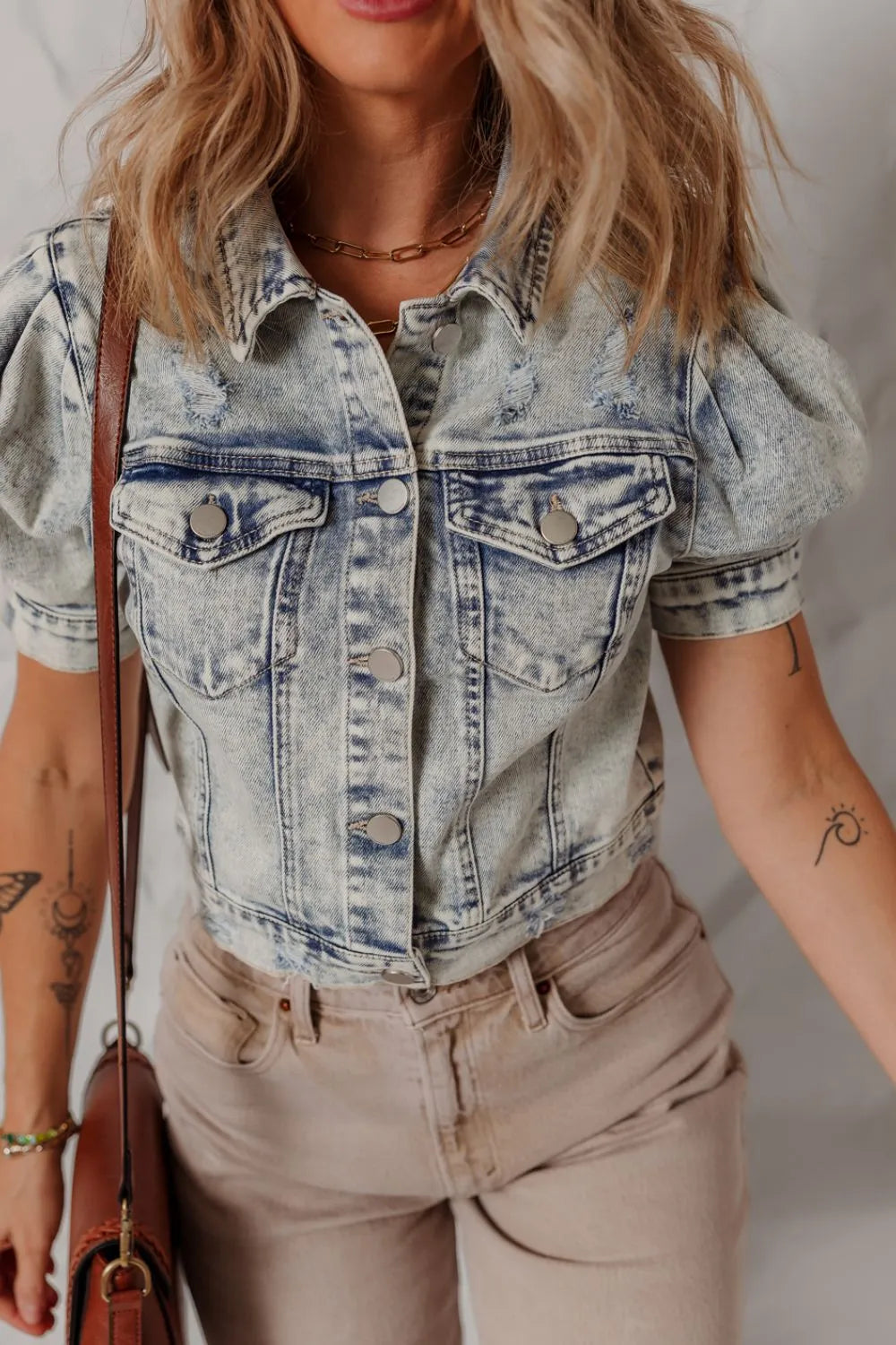 Wash Buttoned Chest Pocket Puff Sleeve Denim Jacket