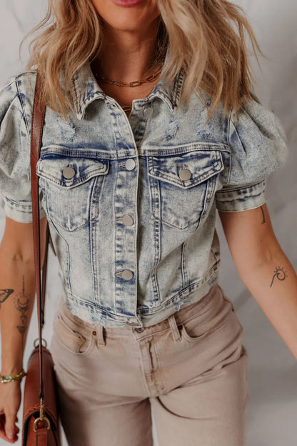 Wash Buttoned Chest Pocket Puff Sleeve Denim Jacket