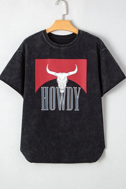 Western HOWDY Steer Head Print Side Slits Loose Fit T Shirt