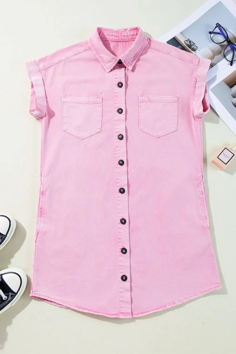 Button Down Short Sleeve Denim Dress – Blush Pink by Simply Love