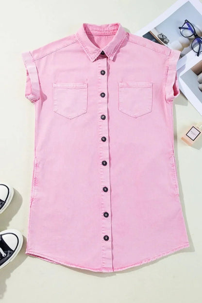 Button Down Short Sleeve Denim Dress – Blush Pink by Simply Love