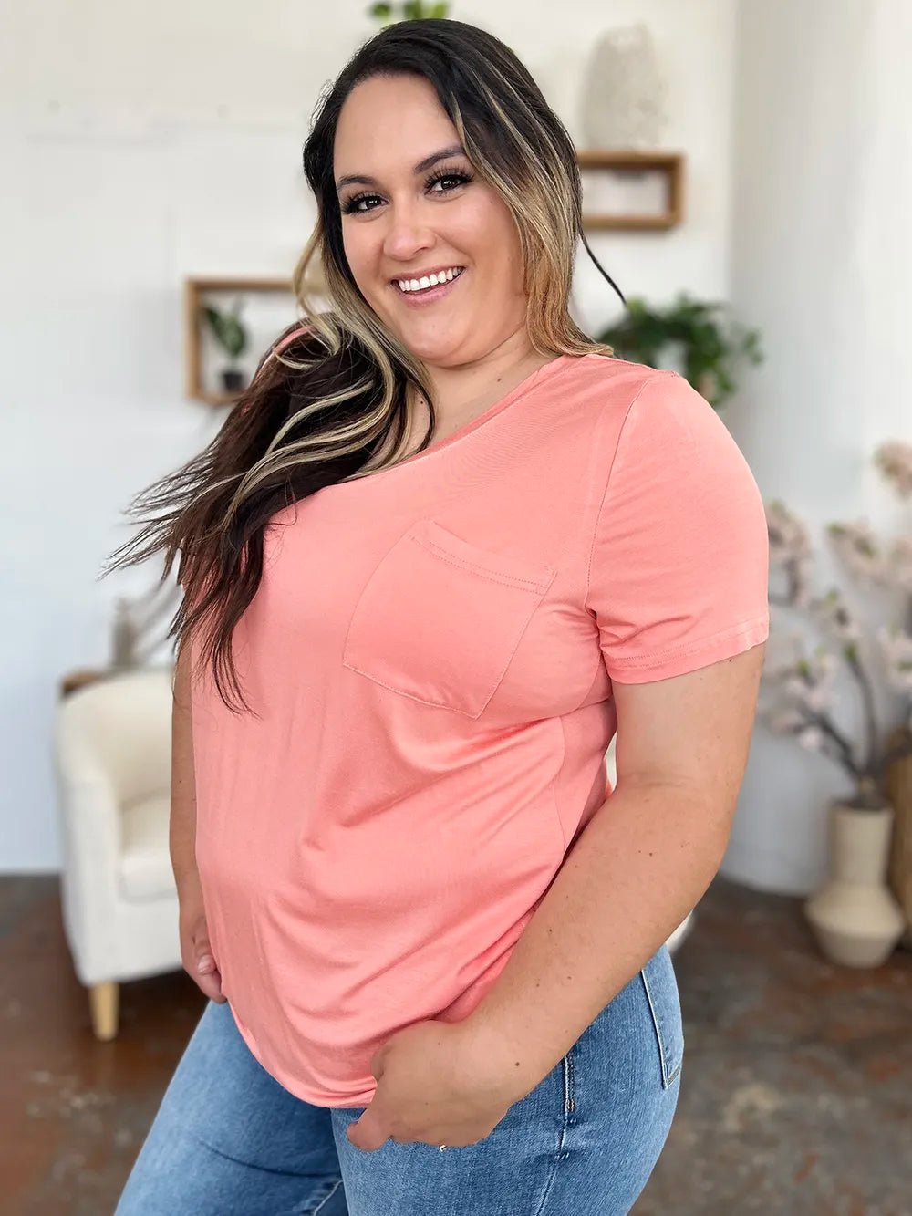 Basic Bae Bamboo Full Size V - Neck Short Sleeve T-Shirt – Watermelon pink by Simply Love