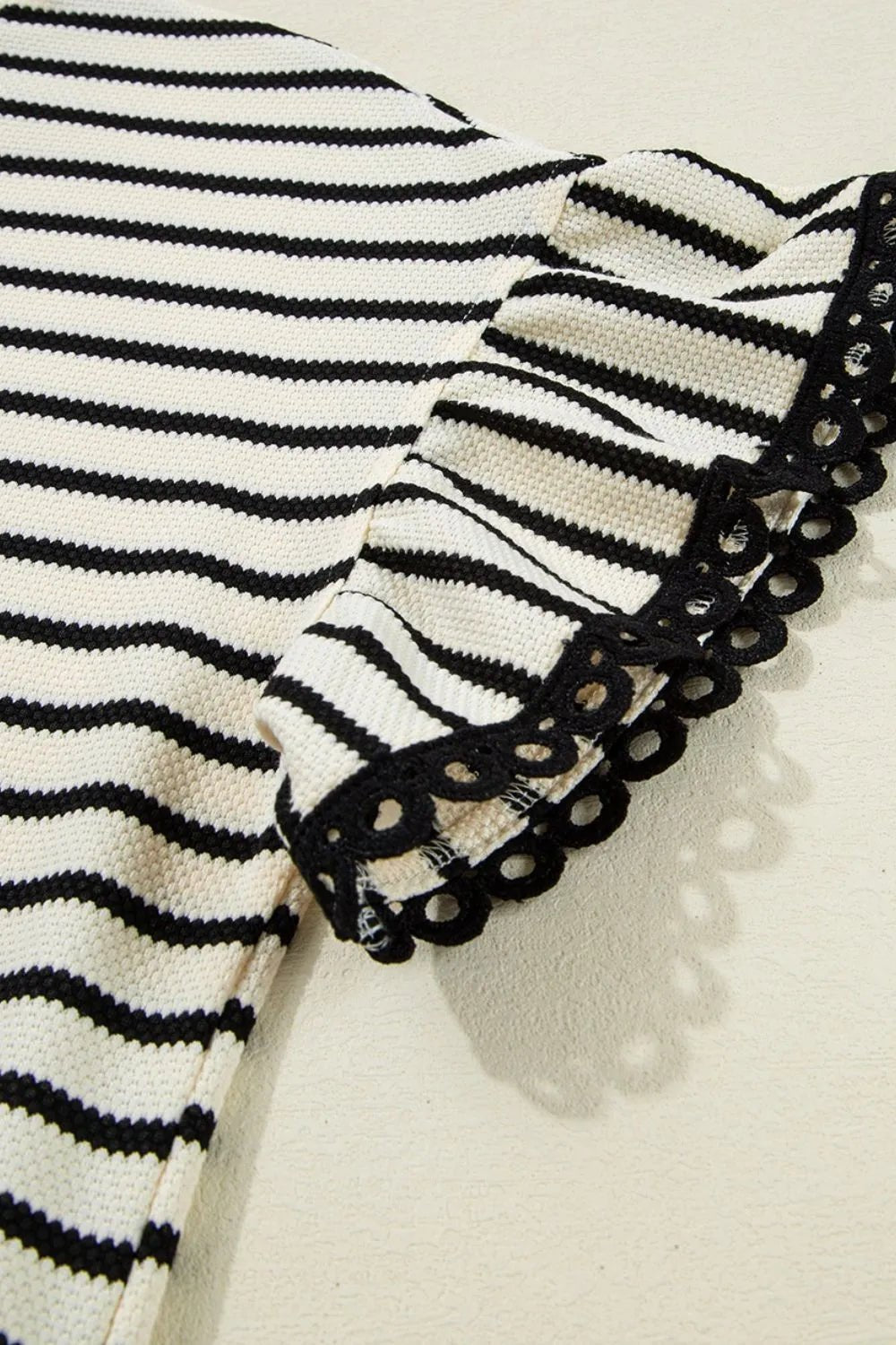 Striped Round Neck Ruffle Sleeve Blouse – Black by Simply Love