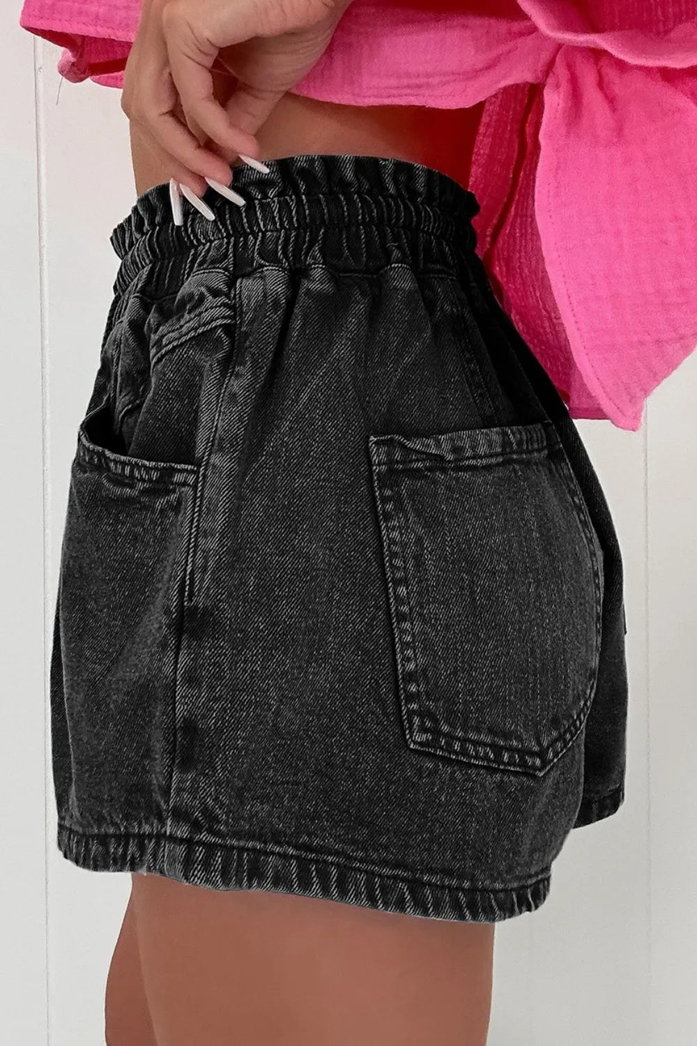 Drawstring High Waist Denim Shorts with Pockets – Black by Simply Love