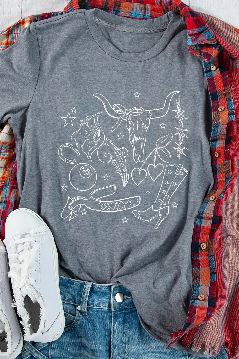 Cowgirl Boots OX Head Western Graphic Crewneck Tee – Gray by Simply Love