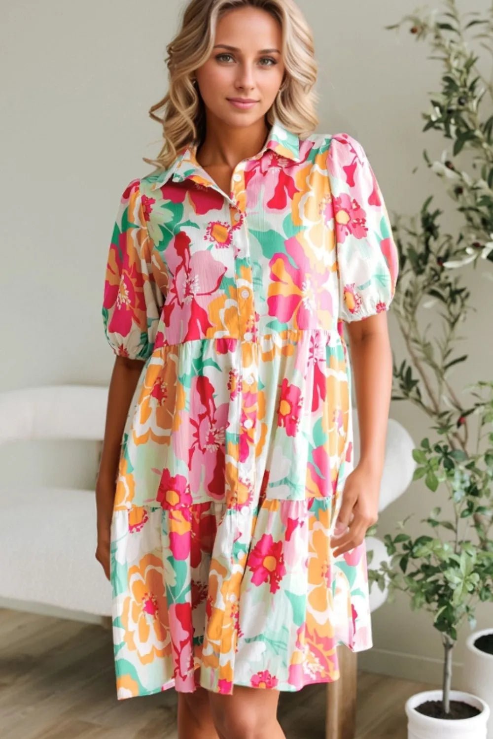 Button Down Floral Puff Sleeve Babydoll Dress – Strawberry by Simply Love