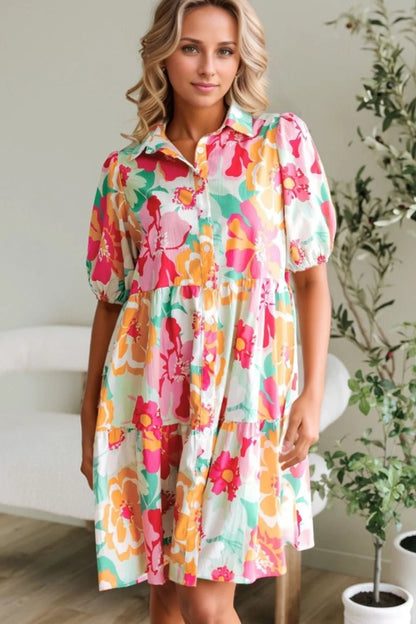 Button Down Floral Puff Sleeve Babydoll Dress – Strawberry by Simply Love