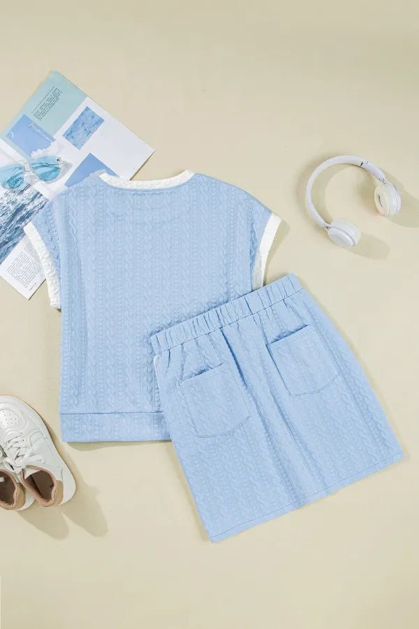 Contrast Trim Textured Crewneck Tee and Pocketed Skirt Set – Light Blue by Simply Love