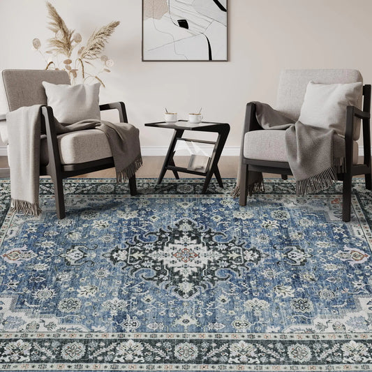 Hoyawu - 4X6 - Rugs - For - Living - Room - Vintage - Design - Washable - Rug - Low - Pile - Non - Slip - Backing - Area - Rug - For - Bedroom - Home - Decor - Farmhouse - Dining - Room - Blue - Black | Shop Sbrtn Homes – A50 - blue decor by SbrTnHomes