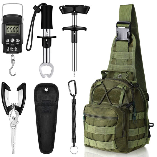Hungdao 7-piece fishing tool kit with army green backpack and gear