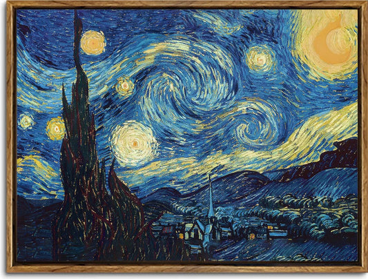 Starry Night by Van Gogh – Framed Giclée Canvas Reproduction, 16x12" Post - Impressionist Wall Art with Gold Frame – Van Gogh Paintings Wall Art by SbrTnHomes