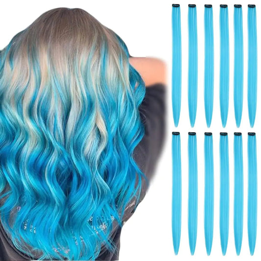 12PCS Teal Clip - In Hair Extensions – 22” Kids & Girls Streaks | Party & Costume Highlights – 12 Pcs - Teal Blue beauty by SbrTnHomes