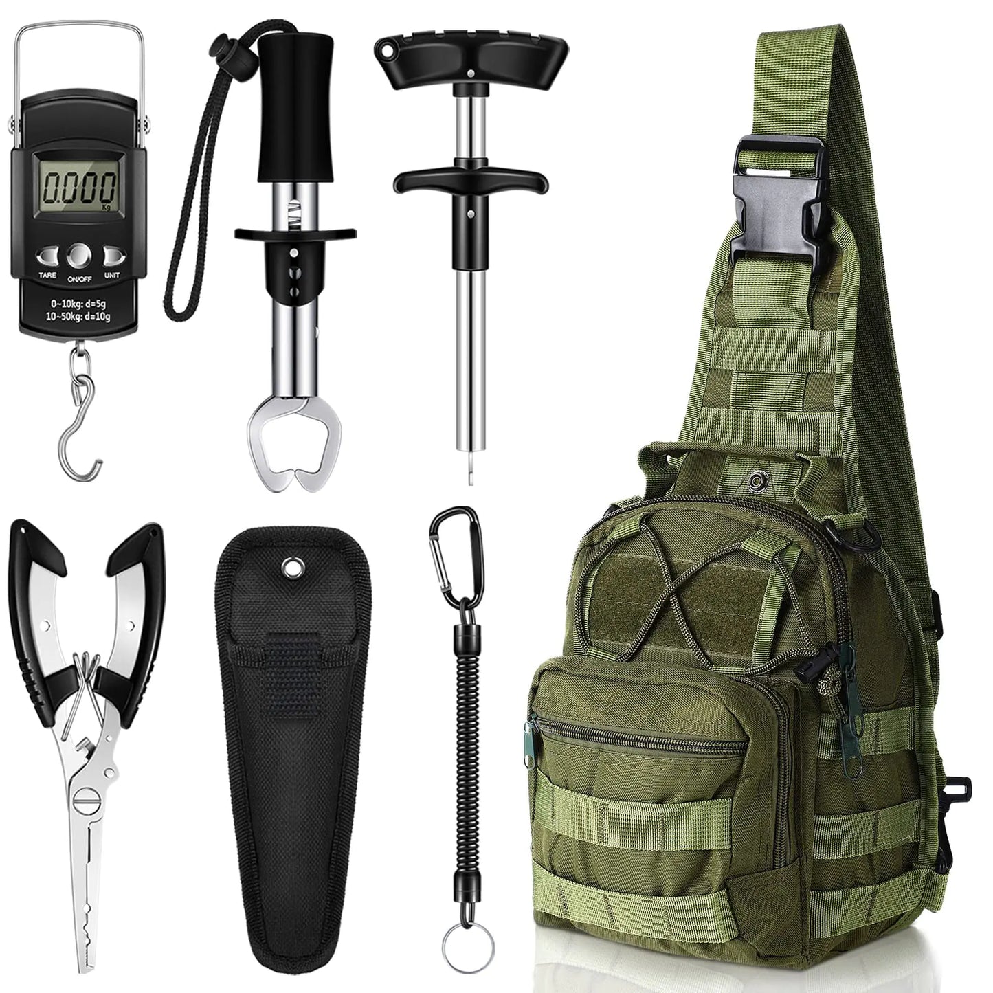 Hungdao 7-Piece Fishing Tool Kit – Backpack, Pliers, Scale, Gripper & More | Army Green Gear Set