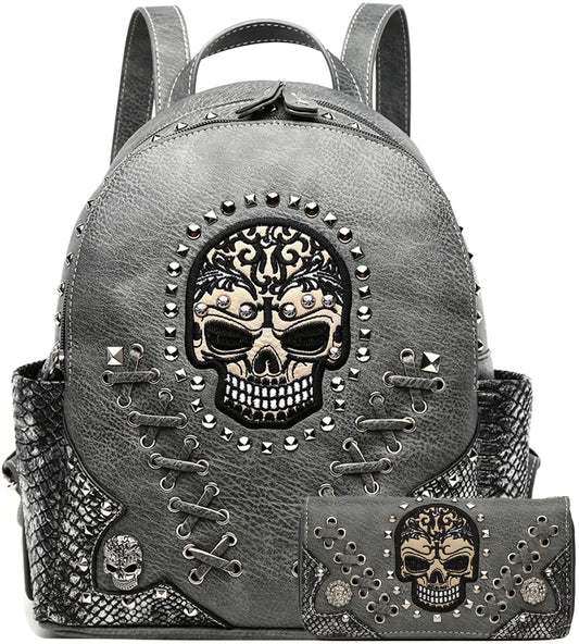 Image of Cowgirl-Trendy-Sugar-Skull-Punk-Art-Rivet-Stud-Biker-Purse-Women-Fashion-Backpack-Python-Daypack-Shoulder-Bag-Wallet-Set-Large-Grey-Set | Shop Sbrtn Homes – featured product
