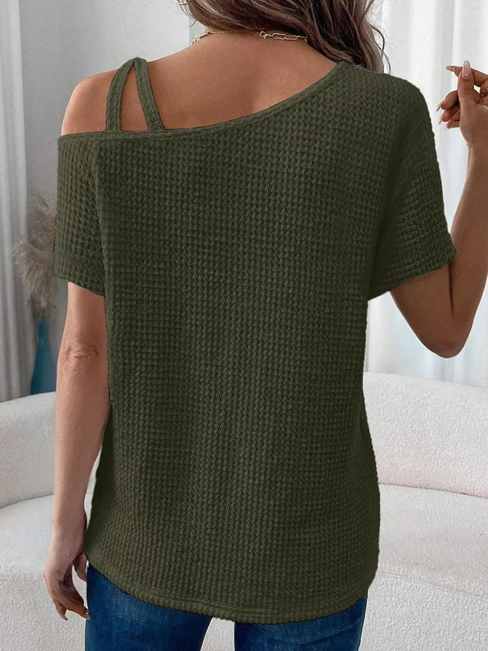 Asymmetrical Neck Short Sleeve T-Shirt – Army Green by Simply Love