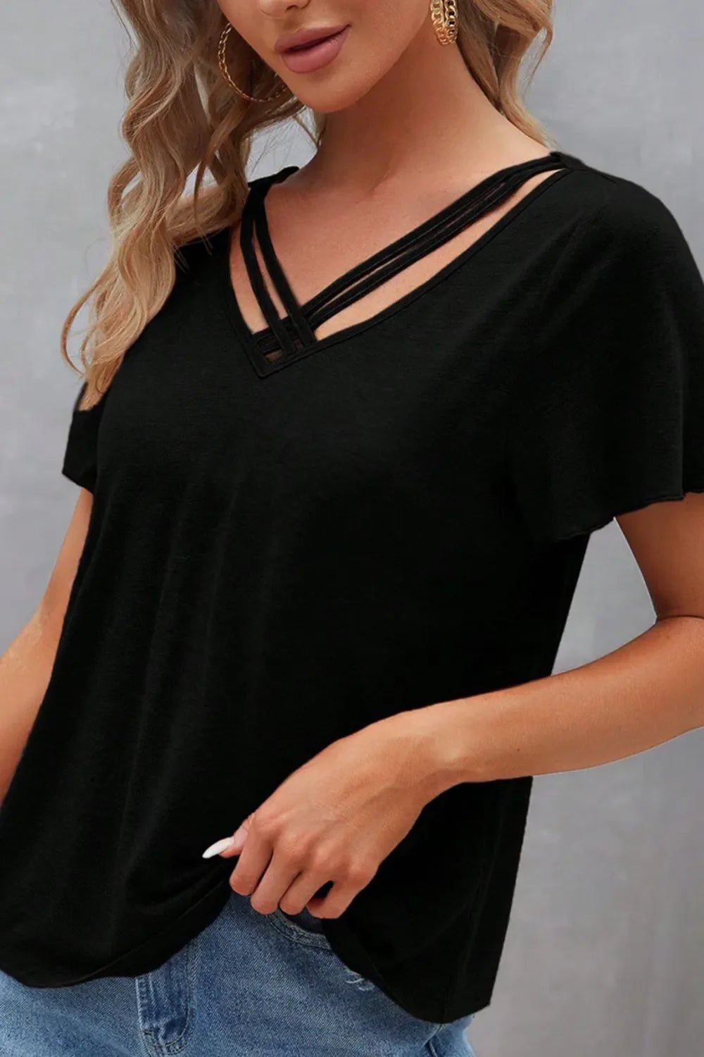 V - Neck Short Sleeve T-Shirt – Black by Simply Love
