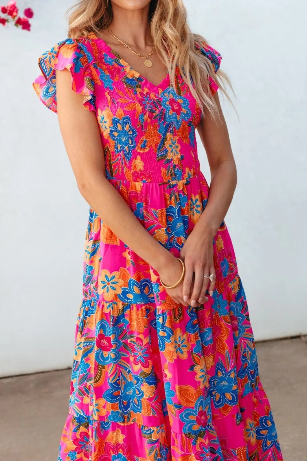 Boho Floral V Neck Ruffle Tiered Dress – Hot Pink by Simply Love