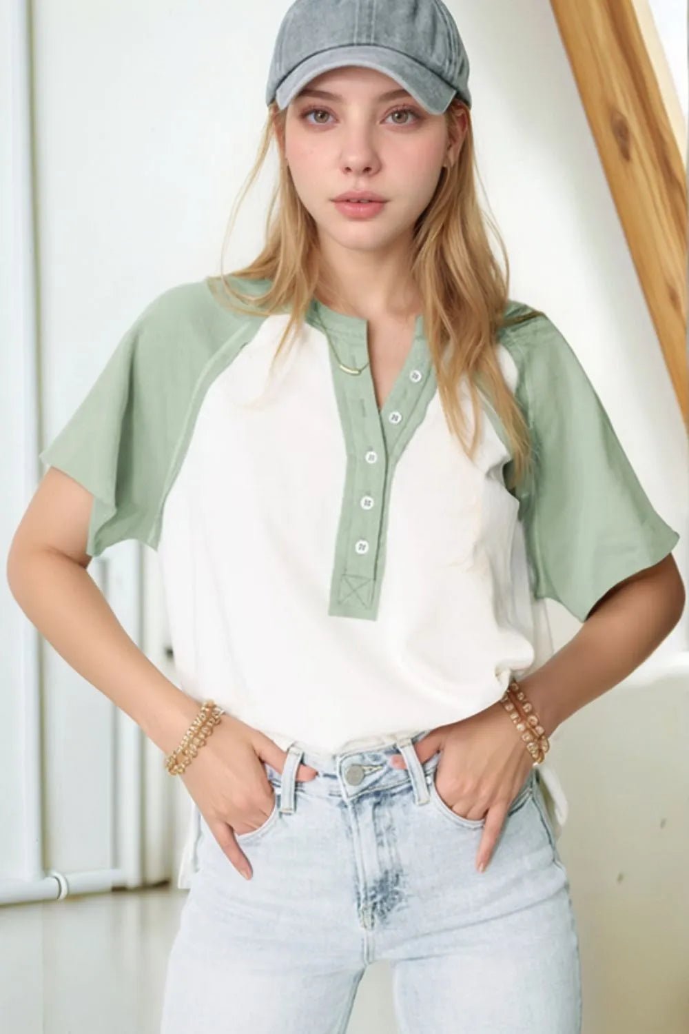 Color Block Raglan Short Sleeve Half Buttons High Low T Shirt – Sage by Simply Love