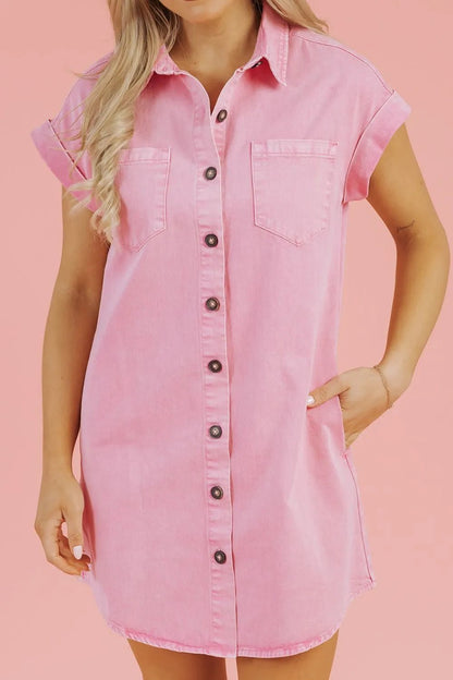 Button Down Short Sleeve Denim Dress – Blush Pink by Simply Love