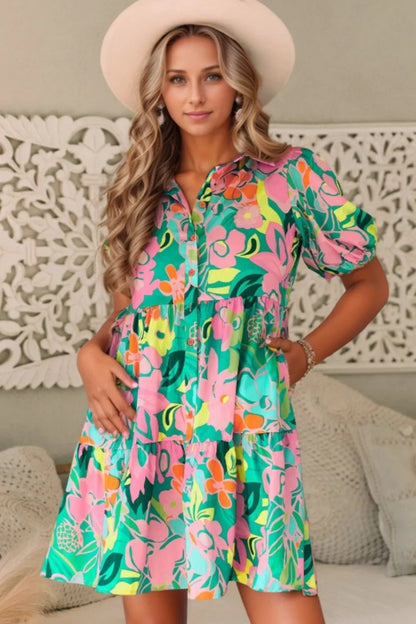 Button Down Floral Puff Sleeve Babydoll Dress – Green by Simply Love