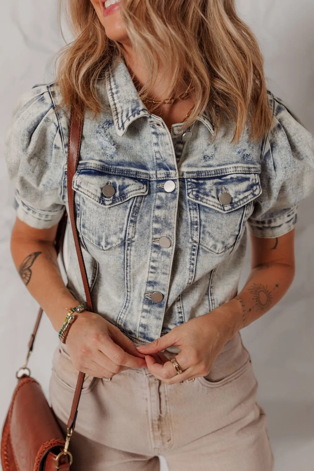 Wash Buttoned Chest Pocket Puff Sleeve Denim Jacket