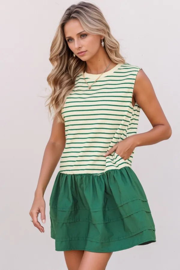 Stripe Woven Sleeveless Mini Dress – Dark Green by Simply Love