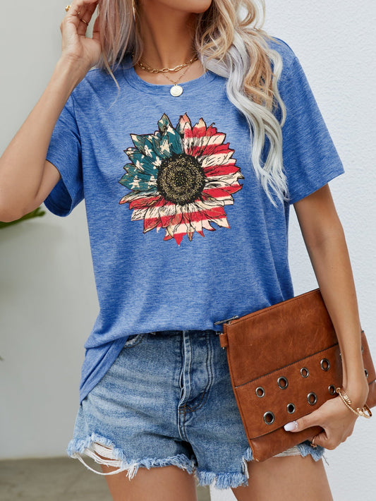 US Flag Flower Graphic Tee – Cobalt Blue by Simply Love