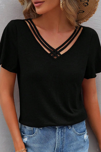 V - Neck Short Sleeve T-Shirt – Black by Simply Love