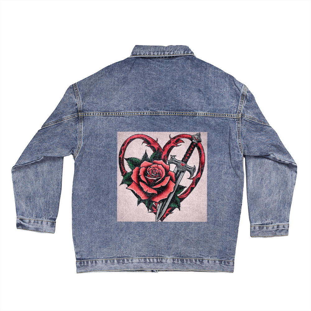 Rose & Dagger Jean Jacket – Fierce Love Symbol | Gothic Romance Jacket