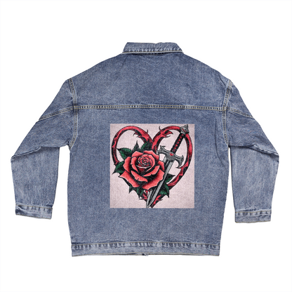 Rose & Dagger Jean Jacket – Fierce Love Symbol | Gothic Romance Jacket